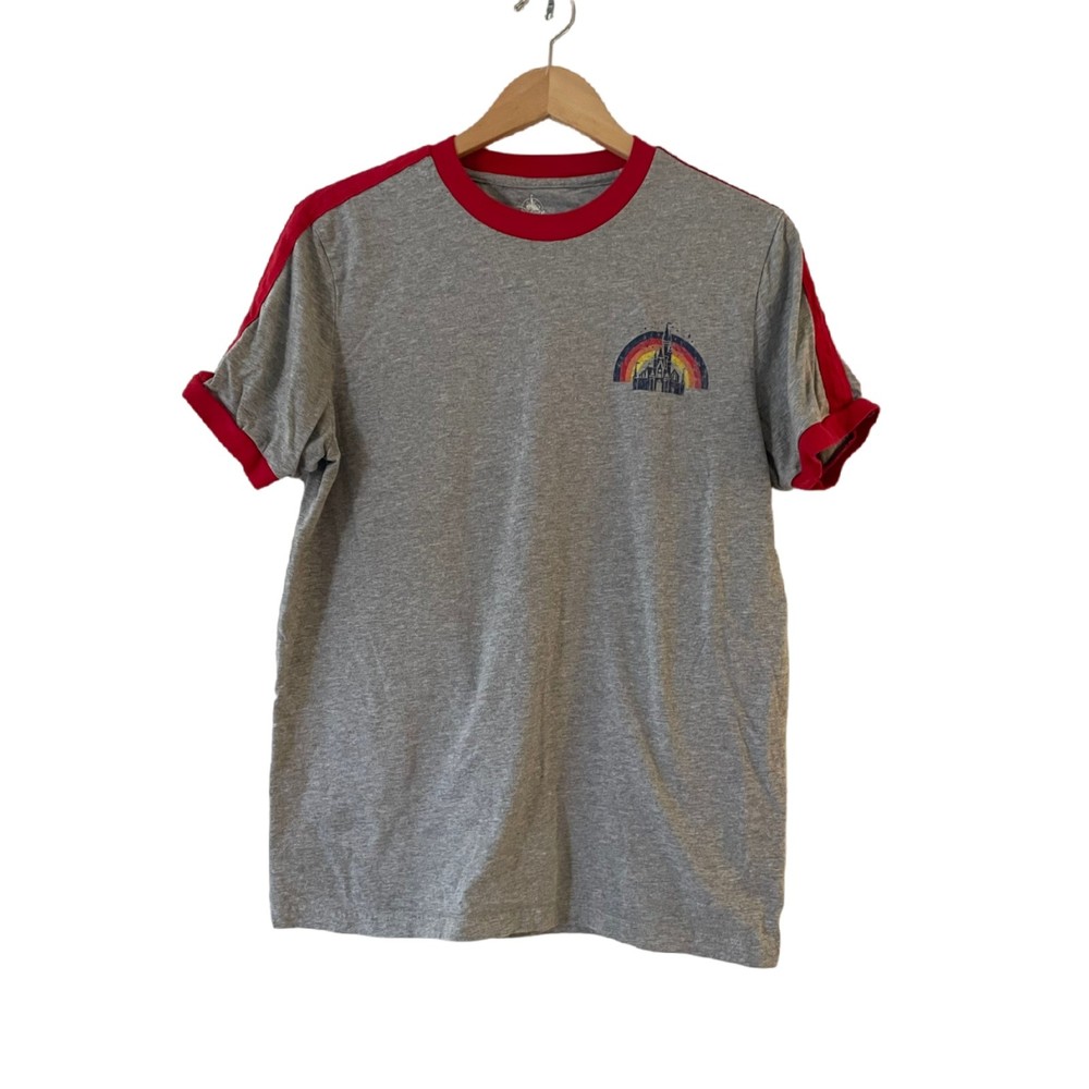 Walt Disney World 1971 Ringer T-Shirt Size M Mens Gray Red Rainbow Castle Retro - Picture 2 of 13